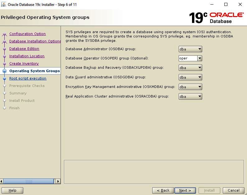Oracle Database 19c Installation - Select groups