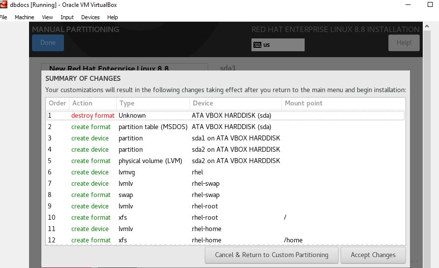 Intalling Linux on VM - Partition Summary