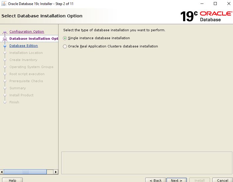 Oracle Database 19c Installation - Select Database installation option