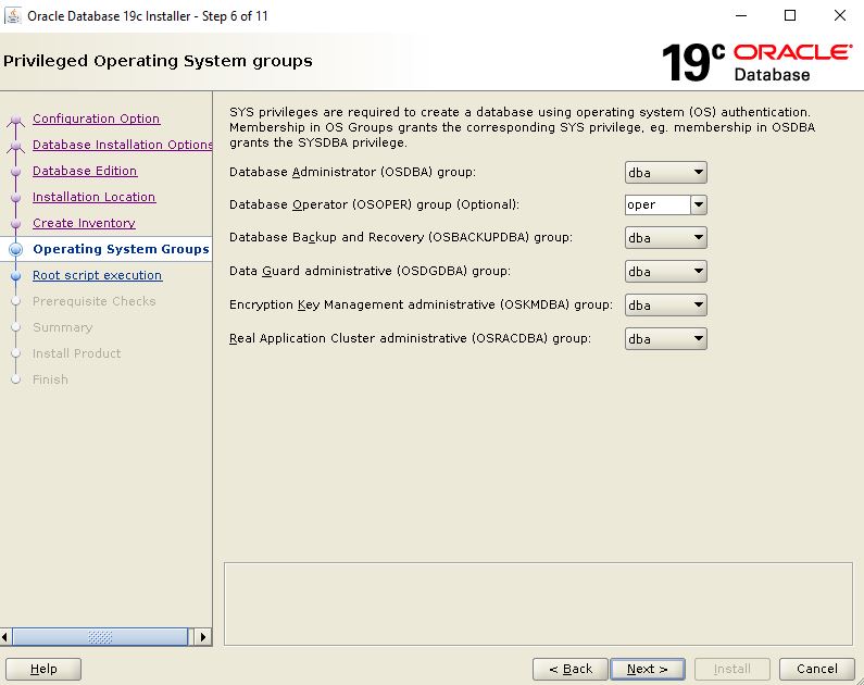 Oracle Database 19c Installation - Select groups