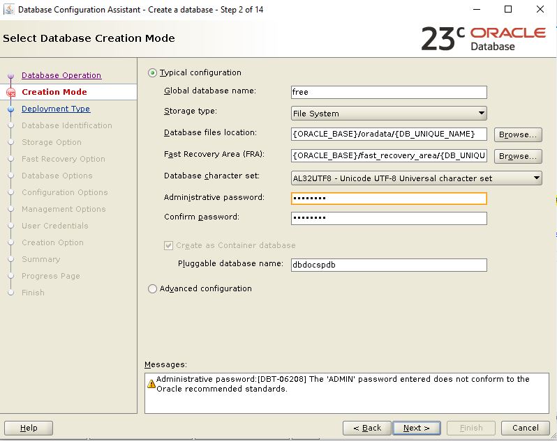 Create Database - Select Database Creation Mode